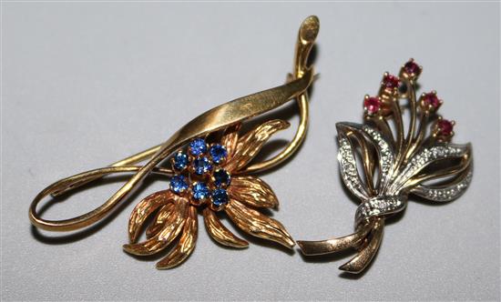 Two 9ct gold and gem set brooches.